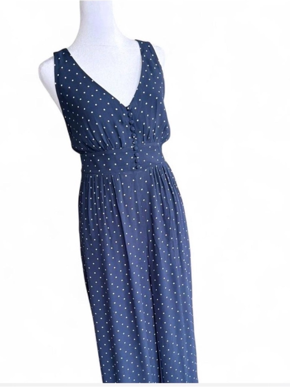 Madewell Navy Polka Dot V-Neck Wide-Leg Jumpsuit - Picture 3 of 7